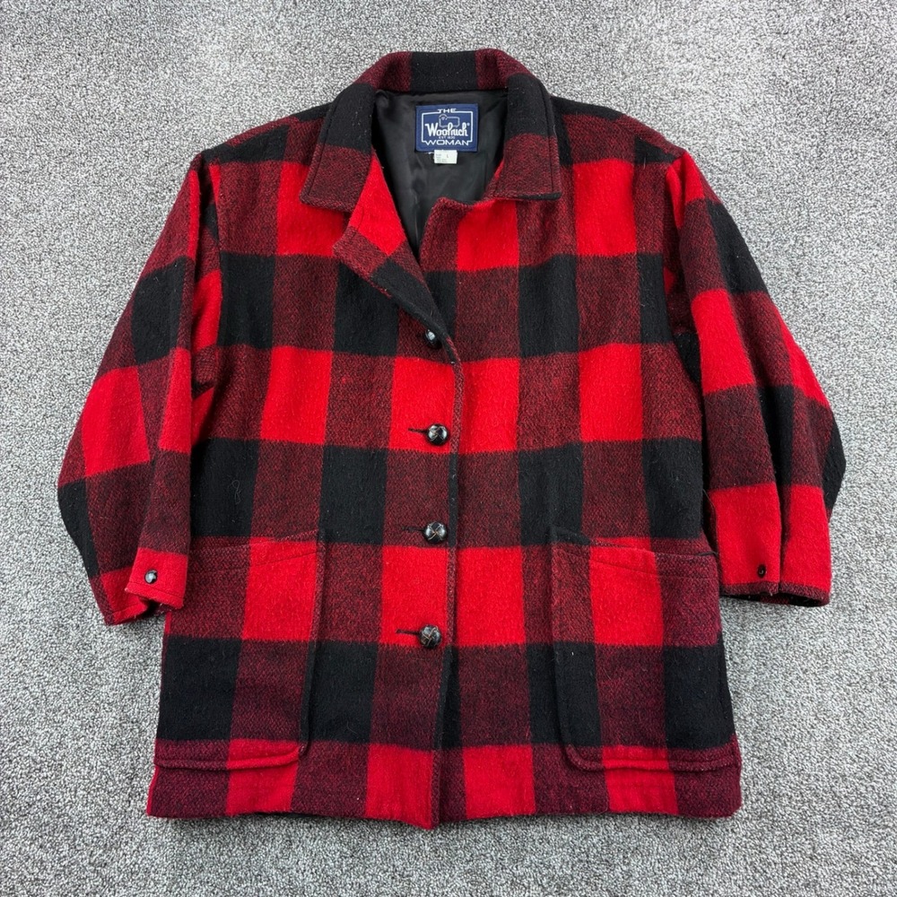 Vintage Woolrich Chore Jacket Women's L Red Black Buffalo‎ Plaid Wool Barn Field